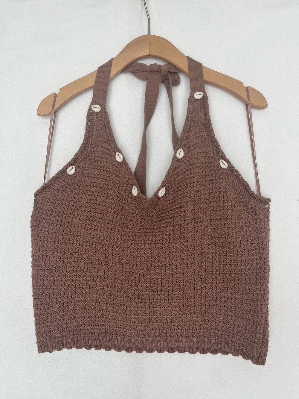 NWT Sincerely Jules Crochet Cowrie Shell Halter Top XL Brown Boho Beach Coastal